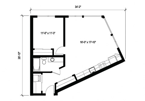 Floor plan for 1 bed, 1 bath, 728 sqft